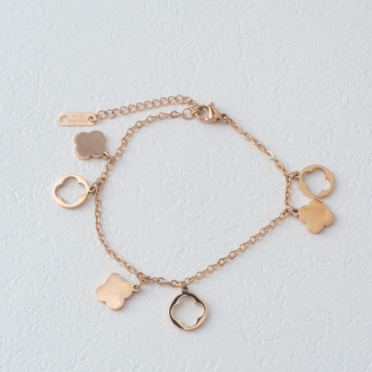(17+4cm) Rosegold Four-Leaf Clover Dangle Chain Bracelet Stainless Steel PVD Gold Plated Gelang Minimalis Hypoallergenic