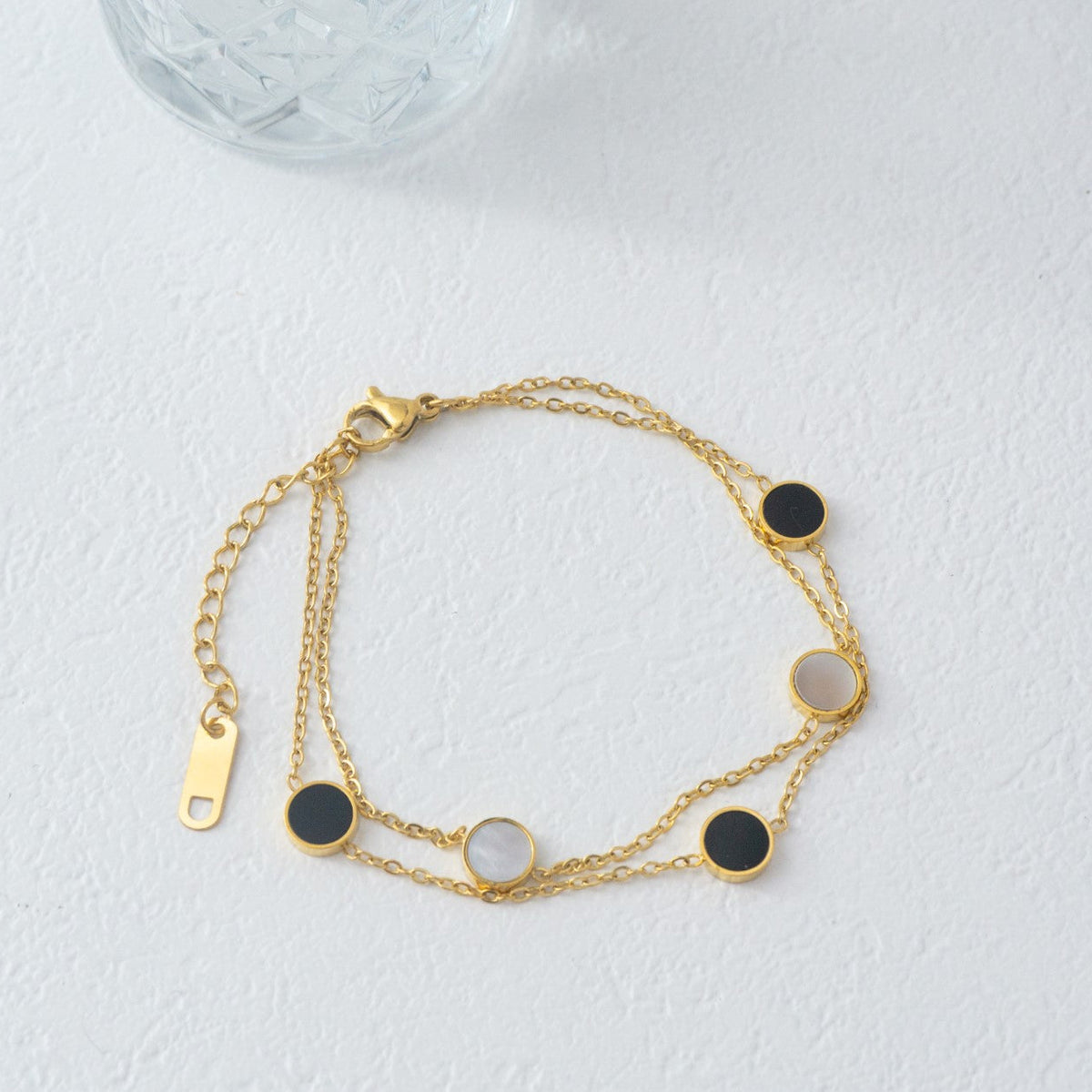 (17+4cm) Double Layer Black Onyx & Shell Disc Chain Bracelet Stainless Steel PVD Gold Plated Gelang Minimalis Hypoallergenic