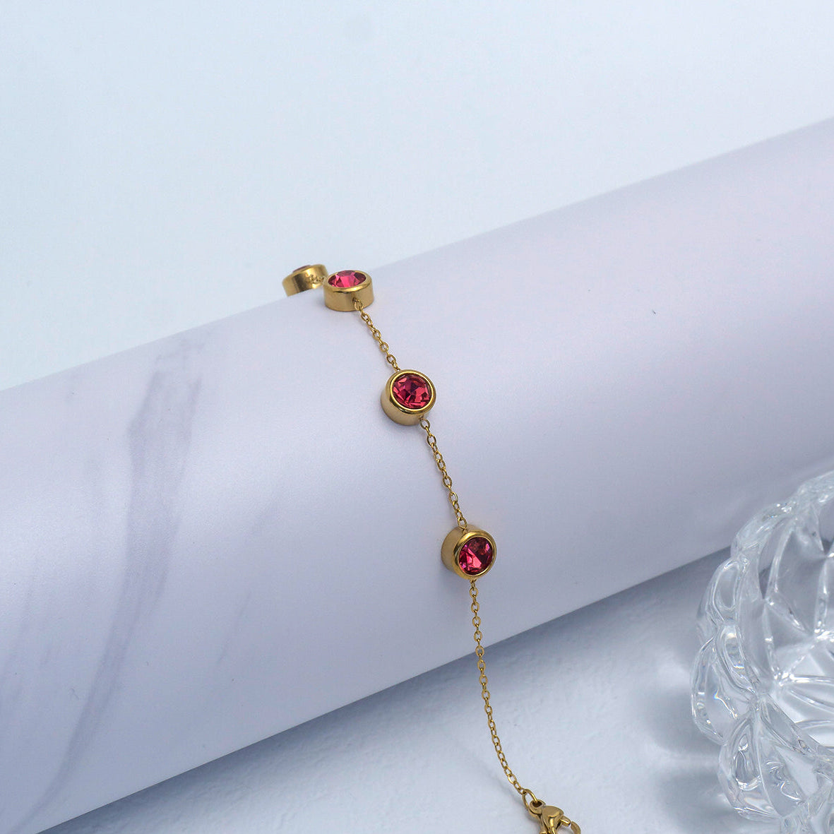 (18+3cm) Crimson Ruby Red CZ Bezel Station Bracelet Stainless Steel PVD Gold Plated Gelang Minimalis Hypoallergenic