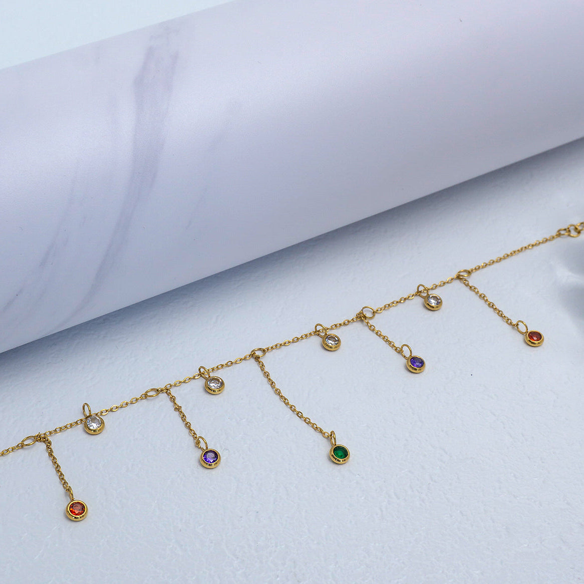 (19.5+4cm) Multicolor Bezel CZ Long Drop Station Chain Anklet Bracelet Stainless Steel PVD Gold Plated Gelang Kaki Simple Hypoallergenic