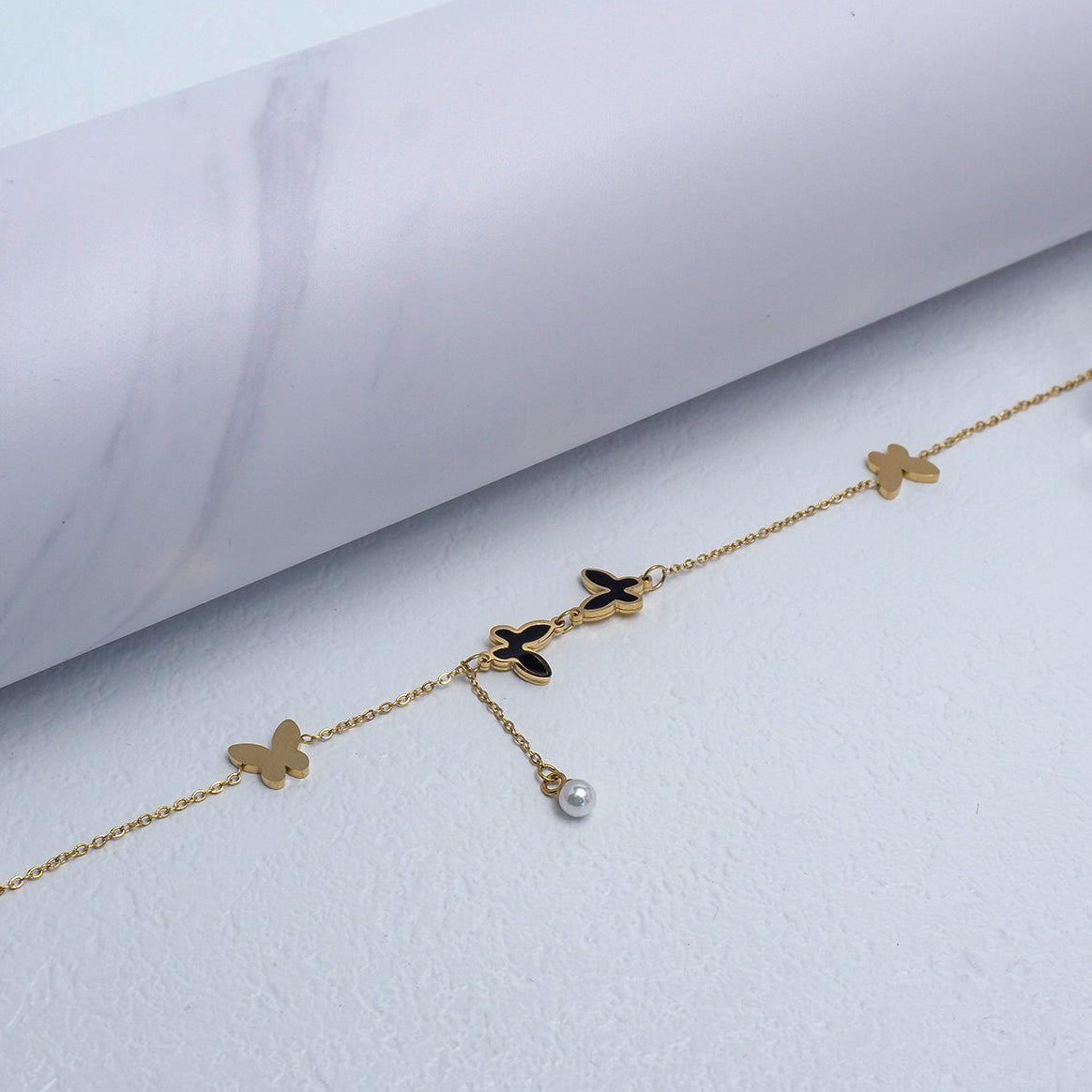 (19+3cm) Black Enamel Butterfly & Shell Pearl Dangle Anklet Bracelet Stainless Steel PVD Gold Plated Gelang Kaki Simple Hypoallergenic
