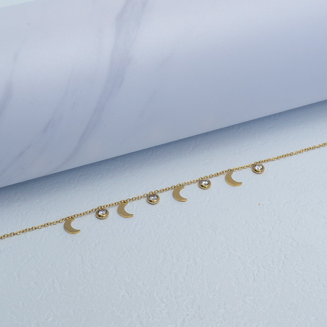 (18+3cm) Dainty Crescent Moon & Crystal Dangle Chain Bracelet Stainless Steel PVD Gold Plated Gelang Minimalis Hypoallergenic