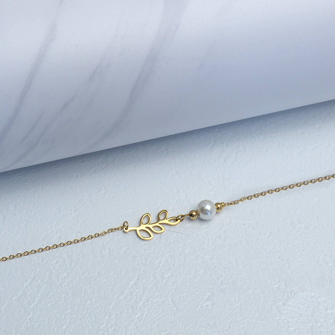 (20+3cm) Botanical Olive Leaf Branch & Shell Pearl Station Chain Anklet Bracelet Stainless Steel PVD Gold Plated Gelang Kaki Simple Hypoallergenic
