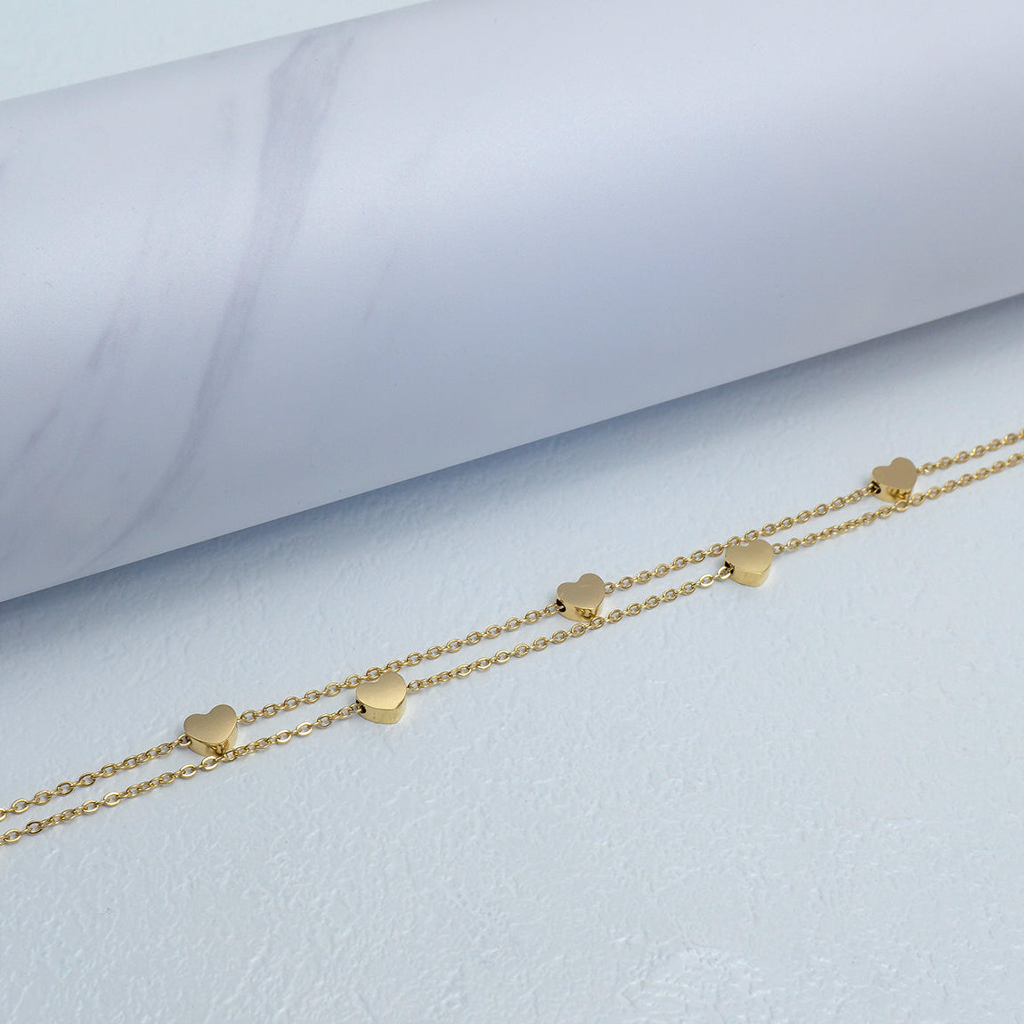 (21+5cm) Double Strand 3D Puffed Heart Station Anklet Bracelet Stainless Steel PVD Gold Plated Gelang Kaki Simple Hypoallergenic