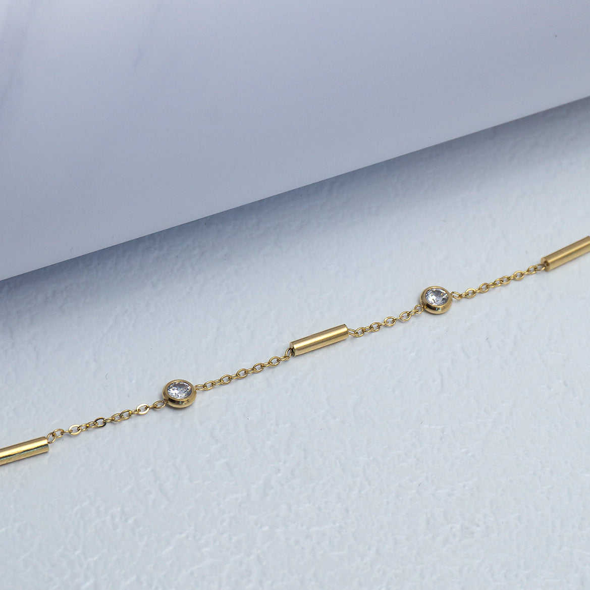 (17+3cm) Minimalist Bar & Bezel Round Crystal Station Bracelet Stainless Steel PVD Gold Plated Gelang Minimalis Hypoallergenic