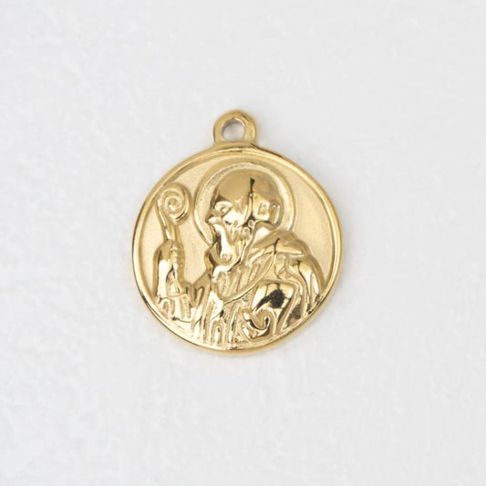 (21mm) Saint Benedict Medallion Pendant Stainless Steel PVD Gold Plated Liontin Medali Santo Benediktus Hypoallergenic