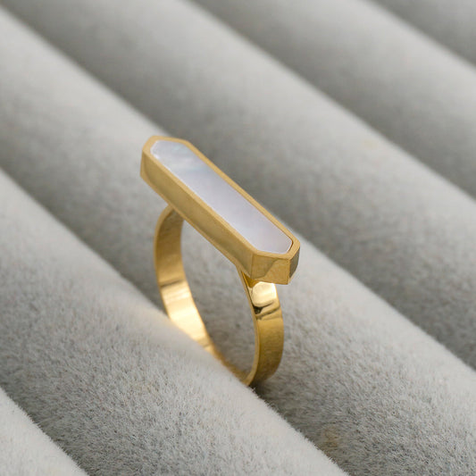 Plain Geometric Mother of Pearl Statement Ring Stainless Steel PVD Gold Plated Cincin MOP Bar Hypoallergenic