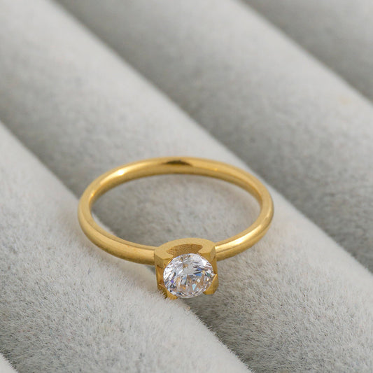 Solitaire Cubic Zirconia Stackable Ring Stainless Steel PVD Gold Plated Cincin Mata Satu Hypoallergenic