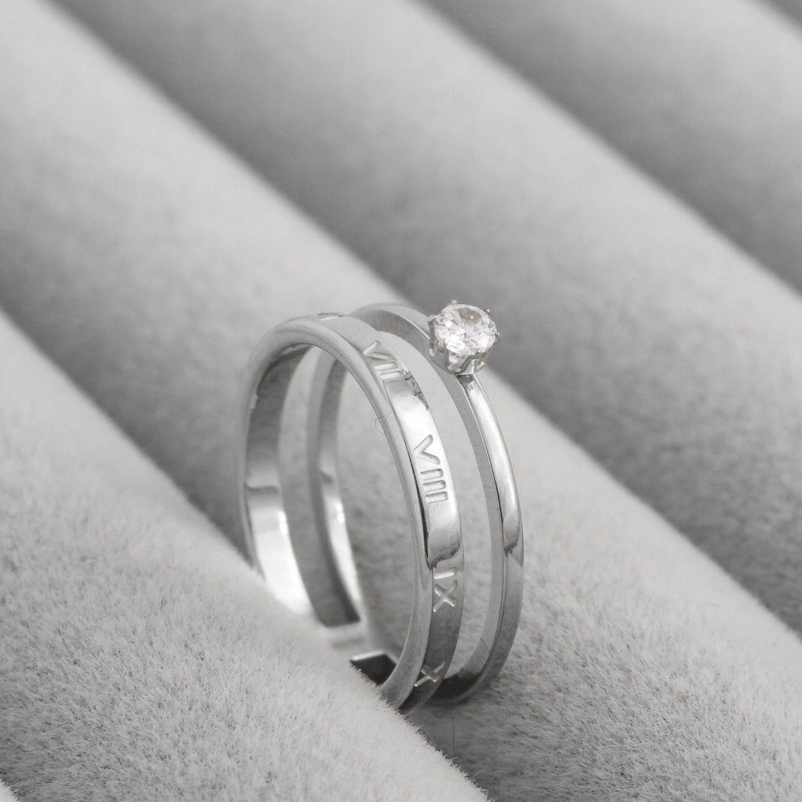 Double Layer Roman Numeral & Solitaire Cubic Zirconia Stackable Ring Stainless Steel PVD Gold Plated Cincin Mata Dua Lapis Hypoallergenic