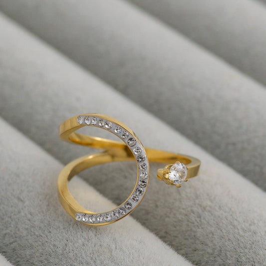 Curved Wave & Solitaire Cubic Zirconia Adjustable Ring Stainless Steel PVD Gold Plated Cincin klasik Hypoallergenic