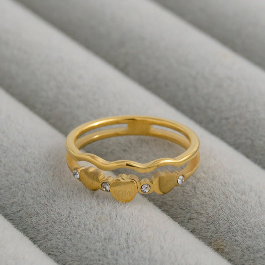 Continuous Multi-Heart Band with Flush-Set CZ Accents Ring Stainless Steel PVD Gold Plated Cincin Hati Hypoallergenic