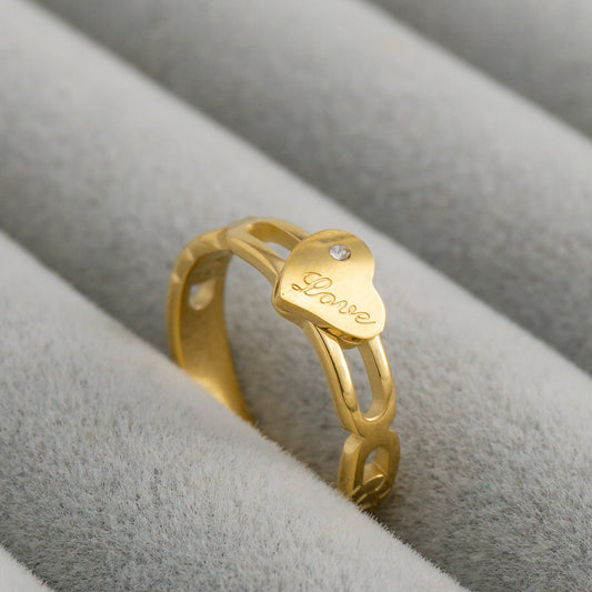 Split Shank Dual Heart Cutout with CZ Ring Stainless Steel PVD Gold Plated Cincin Hati Hypoallergenic