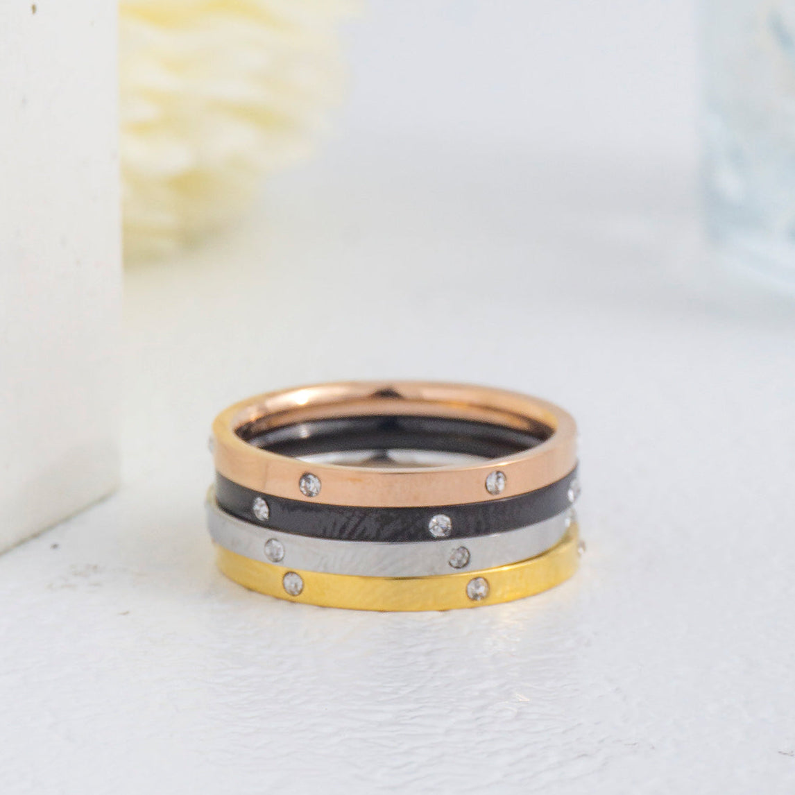 (1 set 4 pcs) Minimalist Dotted Zirconia Line Band Ring Stainless Steel PVD Gold Plated Cincin Polos Hypoallergenic