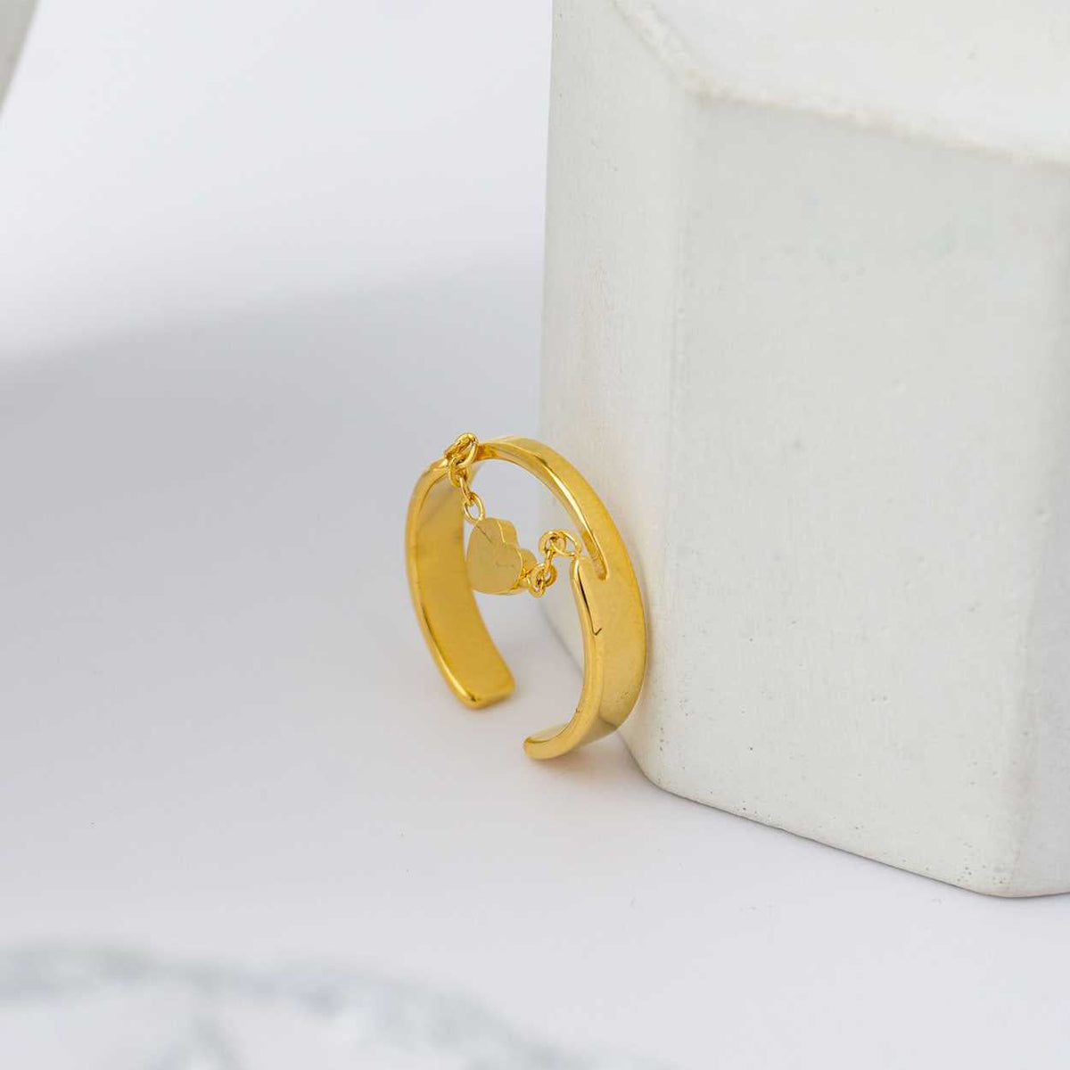 Plain Love Heart Chain Double Layer Ring Stainless Steel PVD Gold Plated Cincin Hati Hypoallergenic