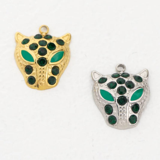 (16mm) Green Black Eyed Leopard Panther Charm Stainless Steel PVD Gold Plated Liontin Hewan Harimau Macan Jaguar Hypoallergenic