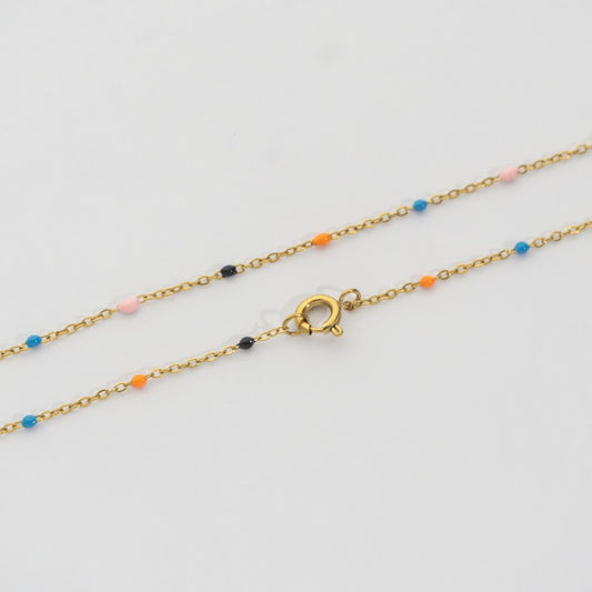 Rainbow Pastel Bead Chain Necklace Stainless Steel PVD Gold Plated Rantai Kalung Manik Pelangi Hypoallergenic