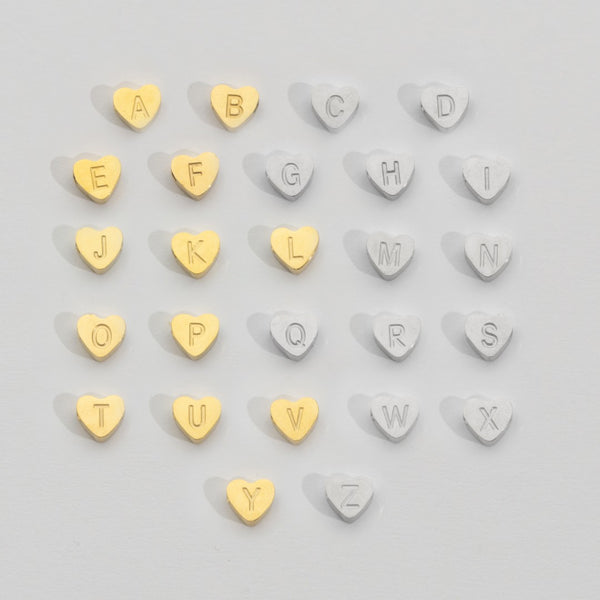(7mm) Initial Heart Slider Beads Stainless Steel PVD Gold Plated Liontin Manik Huruf Hypoallergenic