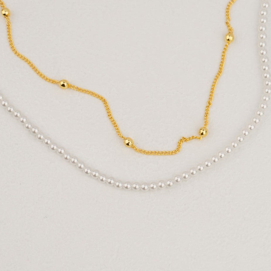 (39+6cm) Double Layer Shell Pearl Necklace Stainless Steel PVD Gold Plated Kalung Mutiara Hypoallergenic