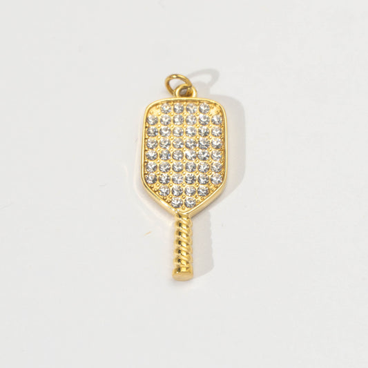 (28mm) Micro Paved Cubic Zirconia Ping - Pong Paddle Sport Pendant Stainless Steel PVD Gold Plated Liontin Raket Padel Hypoallergenic