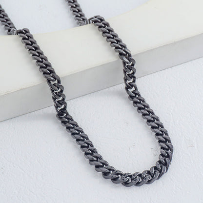 (60cm) Unisex Black Chunky Beveled Curb Link Necklace Stainless Steel PVD Gold Plated Kalung Pria/Wanita Hitam Hypoallergenic
