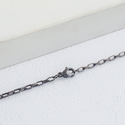 (46cm) Unisex Black Elongated Rectangular Box Chain Necklace Stainless Steel PVD Gold Plated Kalung Pria/Wanita Hitam Hypoallergenic
