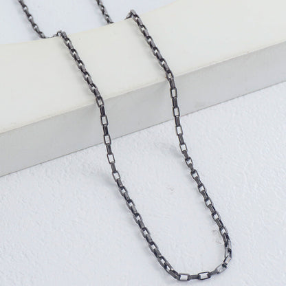 (46cm) Unisex Black Elongated Rectangular Box Chain Necklace Stainless Steel PVD Gold Plated Kalung Pria/Wanita Hitam Hypoallergenic