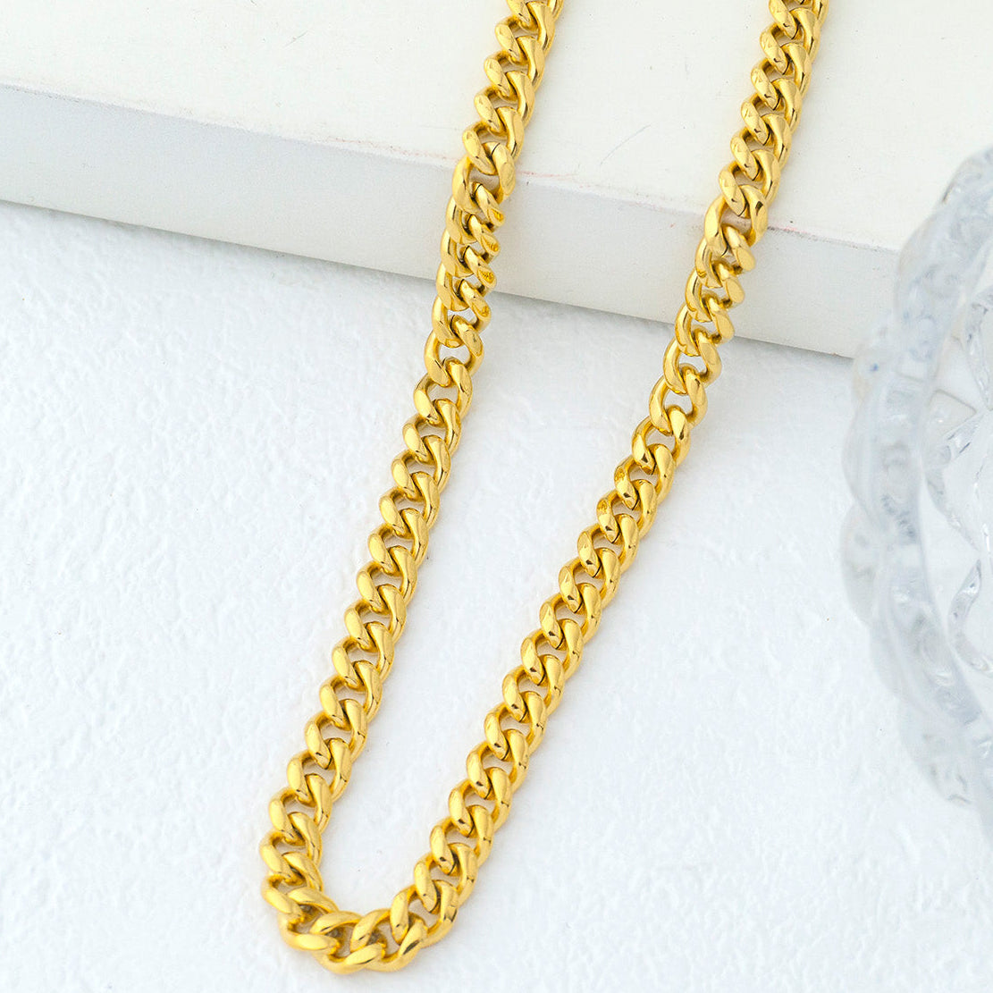 (55cm) Men's Gold Double Link Curb Chain Necklace Stainless Steel PVD Gold Plated Kalung Pria Hypoallergenic