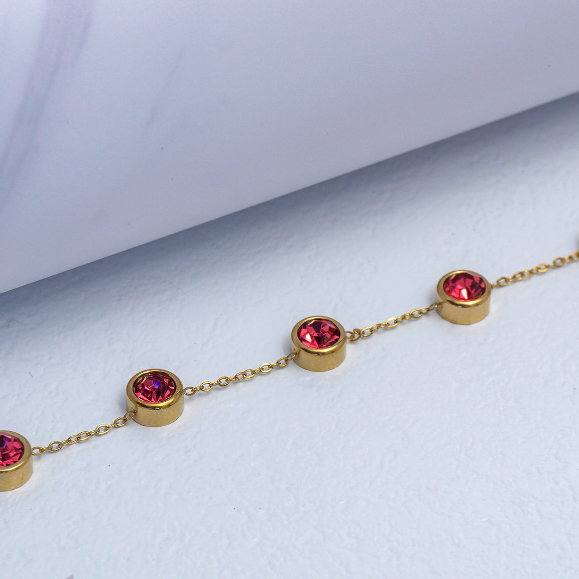 (18+3cm) Crimson Ruby Red CZ Bezel Station Bracelet Stainless Steel PVD Gold Plated Gelang Minimalis Hypoallergenic