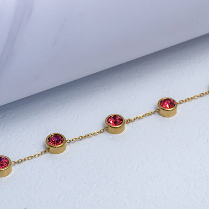 (18+3cm) Crimson Ruby Red CZ Bezel Station Bracelet Stainless Steel PVD Gold Plated Gelang Minimalis Hypoallergenic
