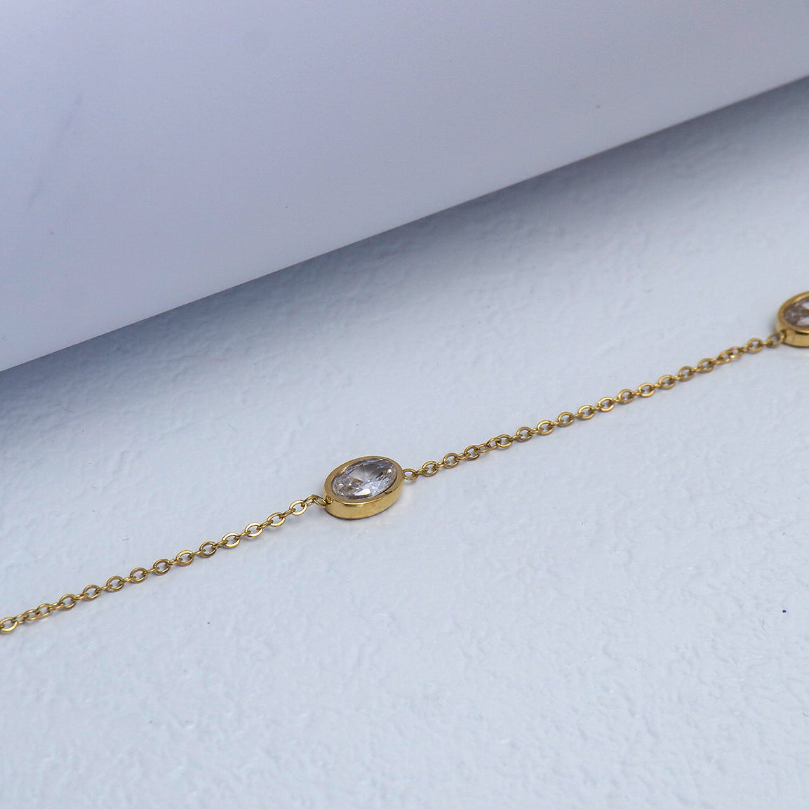 (19.5+3cm) Oval CZ Bezel Setting Station Chain Anklet Bracelet Stainless Steel PVD Gold Plated Gelang Kaki Simple Hypoallergenic