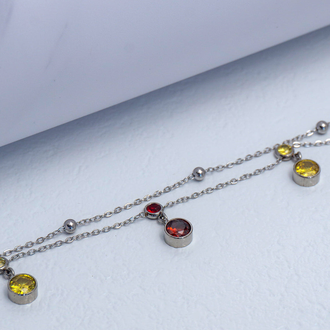 (24+3cm) Silver Double Layer Bead Station & Multicolor Bezel CZ Dangle Anklet Bracelet Stainless Steel Gelang Kaki Simple Hypoallergenic