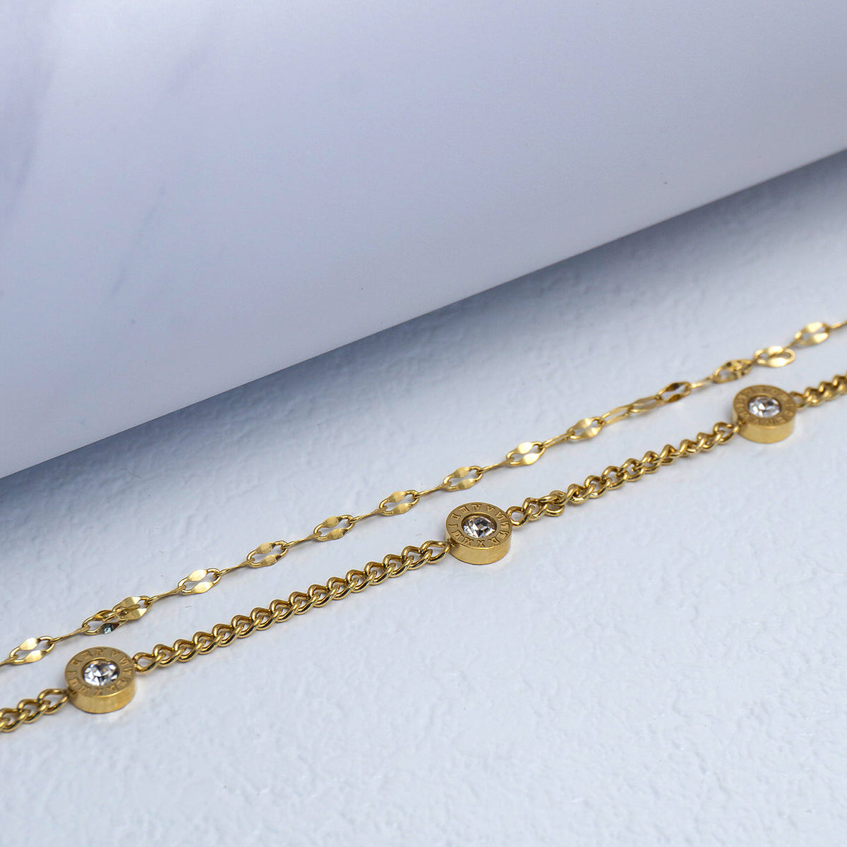 (18+4cm) Double Layer Roman Numeral CZ Mini Curb Chain Bracelet Stainless Steel PVD Gold Plated Gelang Minimalis Hypoallergenic