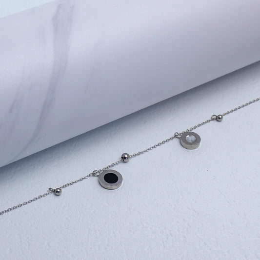 (20+3cm) Silver Roman Numeral Black & Mother of Pearl Disc Station Anklet Bracelet Stainless Steel Gelang Kaki Simple Hypoallergenic