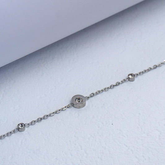 (23+5cm) Silver Roman Numeral Engraved Bezel Solitaire CZ Station Anklet Bracelet Stainless Steel Gelang Kaki Simple Hypoallergenic