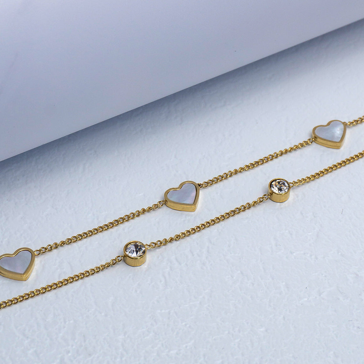 (17+3cm) Double Layer Shell Heart & CZ Station Chain Bracelet Stainless Steel PVD Gold Plated Gelang Minimalis Hypoallergenic