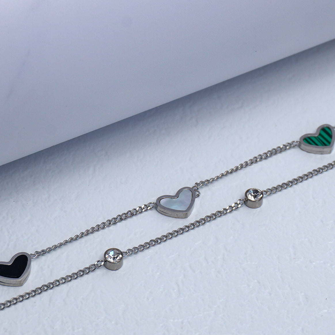 (17+3cm) Silver Double Layer Tricolor Heart & CZ Station Chain Bracelet Stainless Steel Gelang Kaki Simple Hypoallergenic