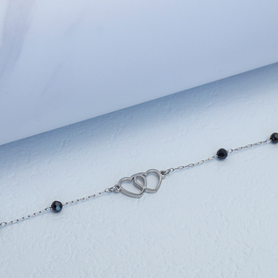 (18+3cm) Interlocking Double Heart & Black Crystal Bead Chain Bracelet Stainless Steel PVD Gold Plated Gelang Minimalis Hypoallergenic