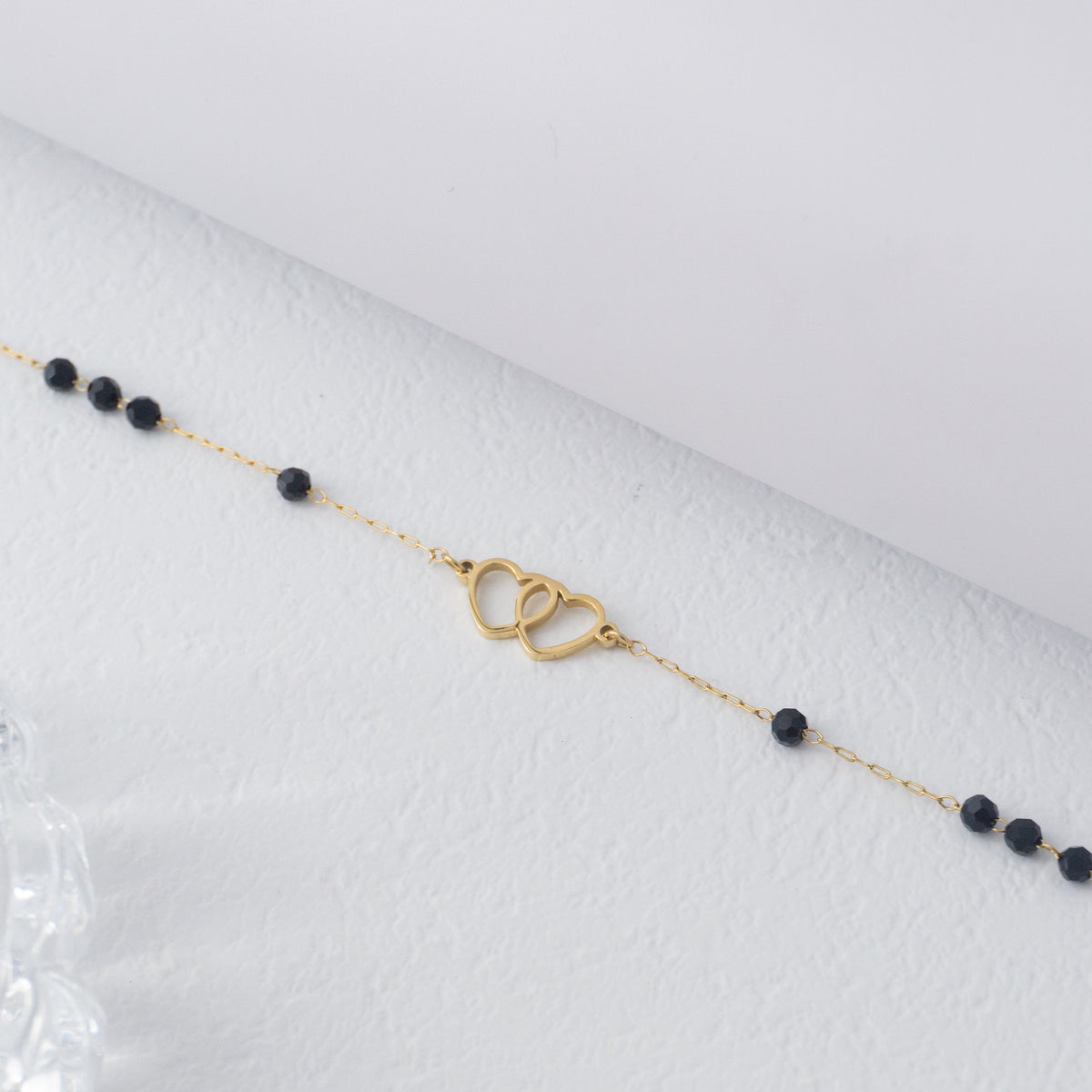 (18+3cm) Interlocking Double Heart & Black Crystal Bead Chain Bracelet Stainless Steel PVD Gold Plated Gelang Minimalis Hypoallergenic