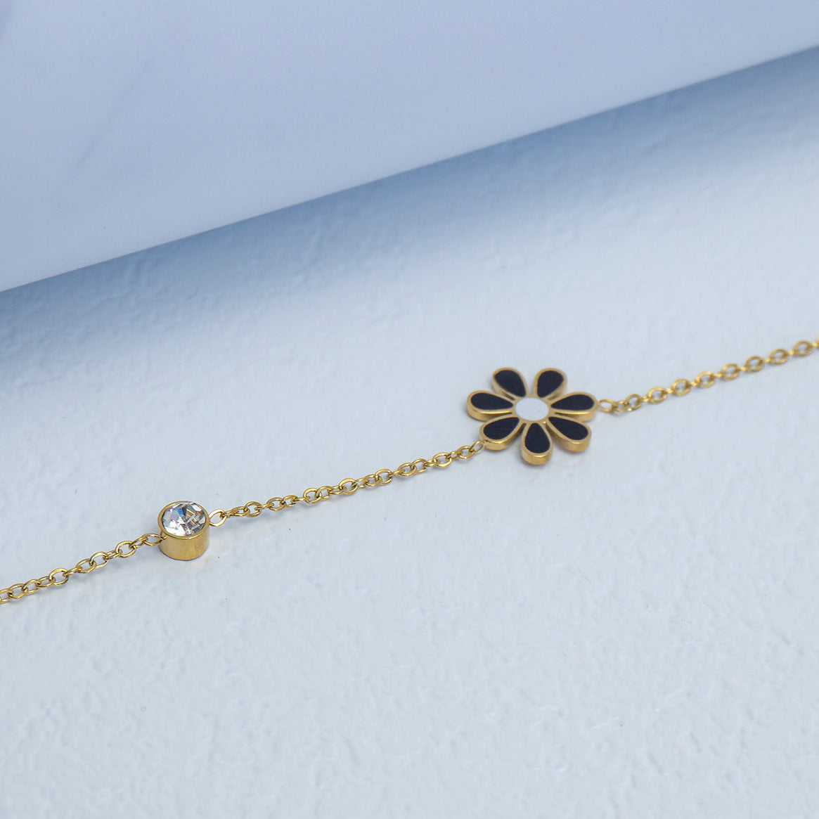 (16.5+3cm) Black Enamel Daisy Flower & CZ Station Bracelet Stainless Steel PVD Gold Plated Gelang Bunga Hypoallergenic