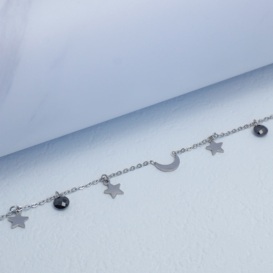 (16+3cm) Silver Celestial Moon Star & Black Crystal Bead Chain Bracelet Stainless Steel Gelang Simple Hypoallergenic