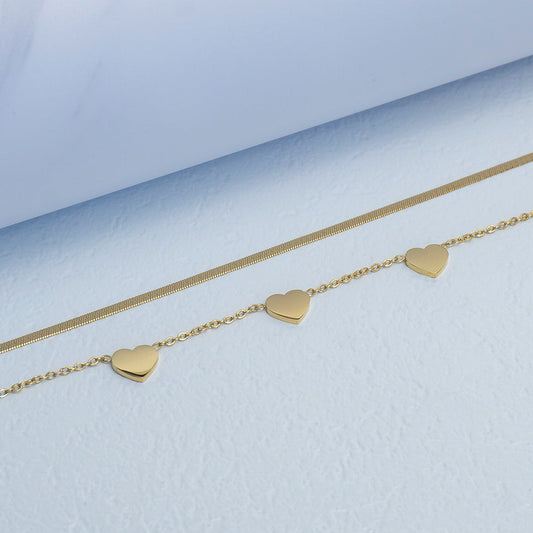 (23+3cm) Snake & Cable Chain Layered Flat Heart Anklet Bracelet Stainless Steel PVD Gold Plated Gelang Kaki Simple Hypoallergenic