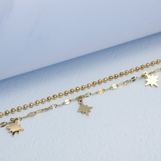 (20+3cm) Double Layer Ball & Figaro Chain Celestial North Star Anklet Bracelet Stainless Steel PVD Gold Plated Gelang Kaki Simple Hypoallergenic