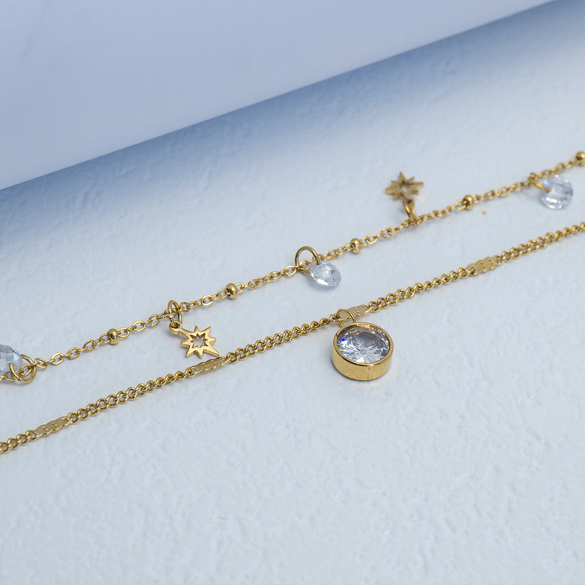 (17+3cm) Double Layer North Star & CZ Solitaire Chain Bracelet Stainless Steel PVD Gold Plated Gelang Minimalis Hypoallergenic