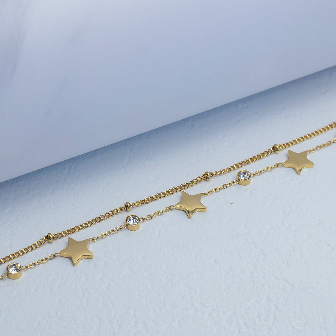 (18+5cm) Double Layer Star Charm & CZ Station Chain Bracelet Stainless Steel PVD Gold Plated Gelang Minimalis Hypoallergenic