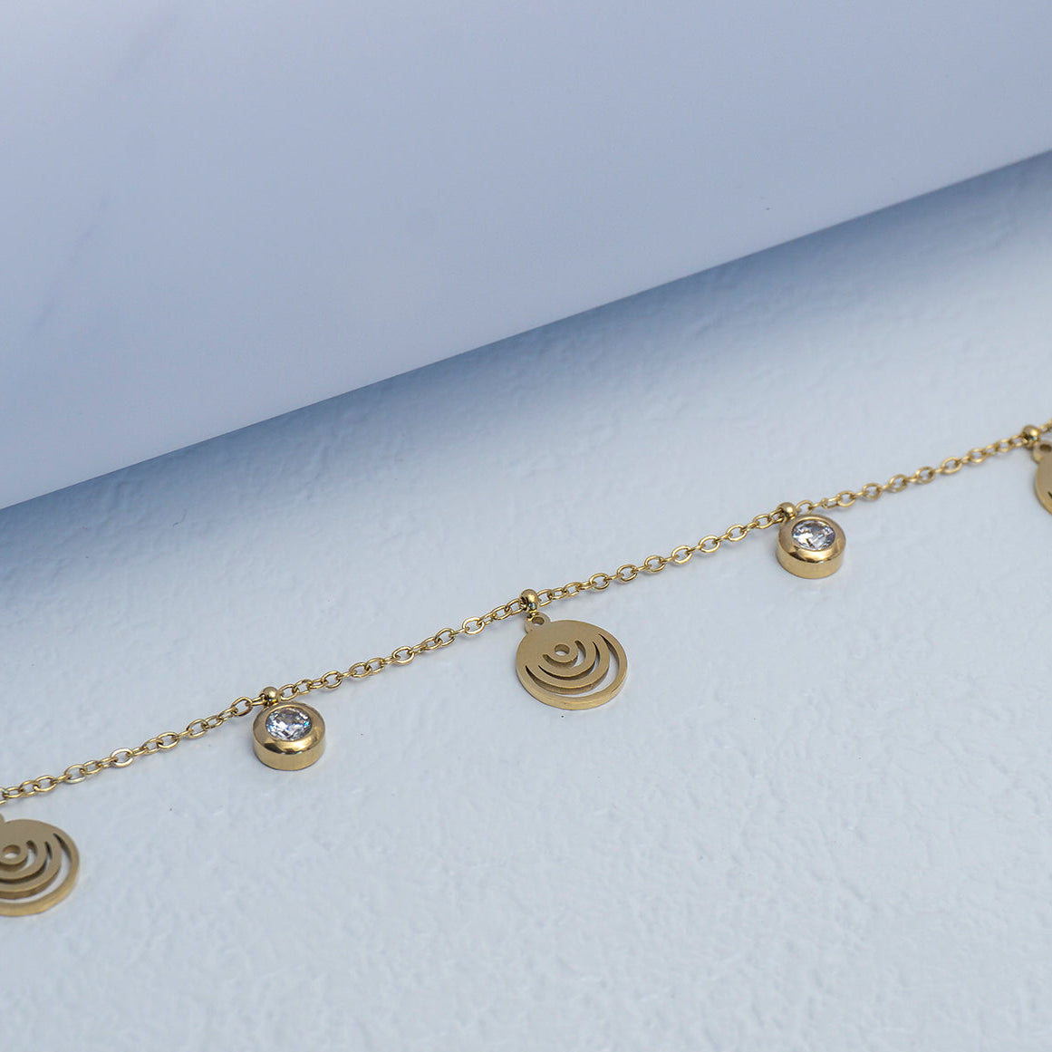 (18+3cm) Spiral Cutout Disc & CZ Dangle Charm Bracelet Stainless Steel PVD Gold Plated Gelang Minimalis Hypoallergenic