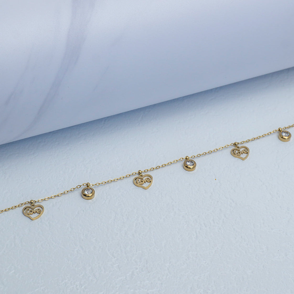 (23+3cm) Love Heart Cutout & Bezel CZ Dangle Station Chain Anklet Bracelet Stainless Steel PVD Gold Plated Gelang Kaki Simple Hypoallergenic
