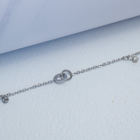 (22+3cm) Silver Interlocking Circles & Solitaire CZ Disc Station Anklet Bracelet Stainless Steel Gelang Kaki Simple Hypoallergenic