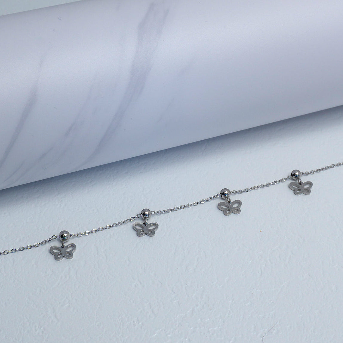 (16+3cm) Silver Dainty Butterfly Dangle Chain Bracelet Stainless Steel Gelang Kupu - Kupu Simple Hypoallergenic