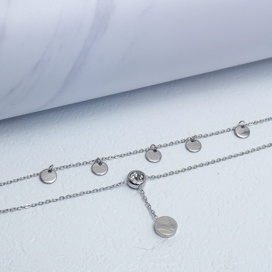(23+3cm) Silver Double Layer Flat Disc & Bezel Solitaire CZ Drop Anklet Bracelet Stainless Steel Gelang Kaki Simple Hypoallergenic