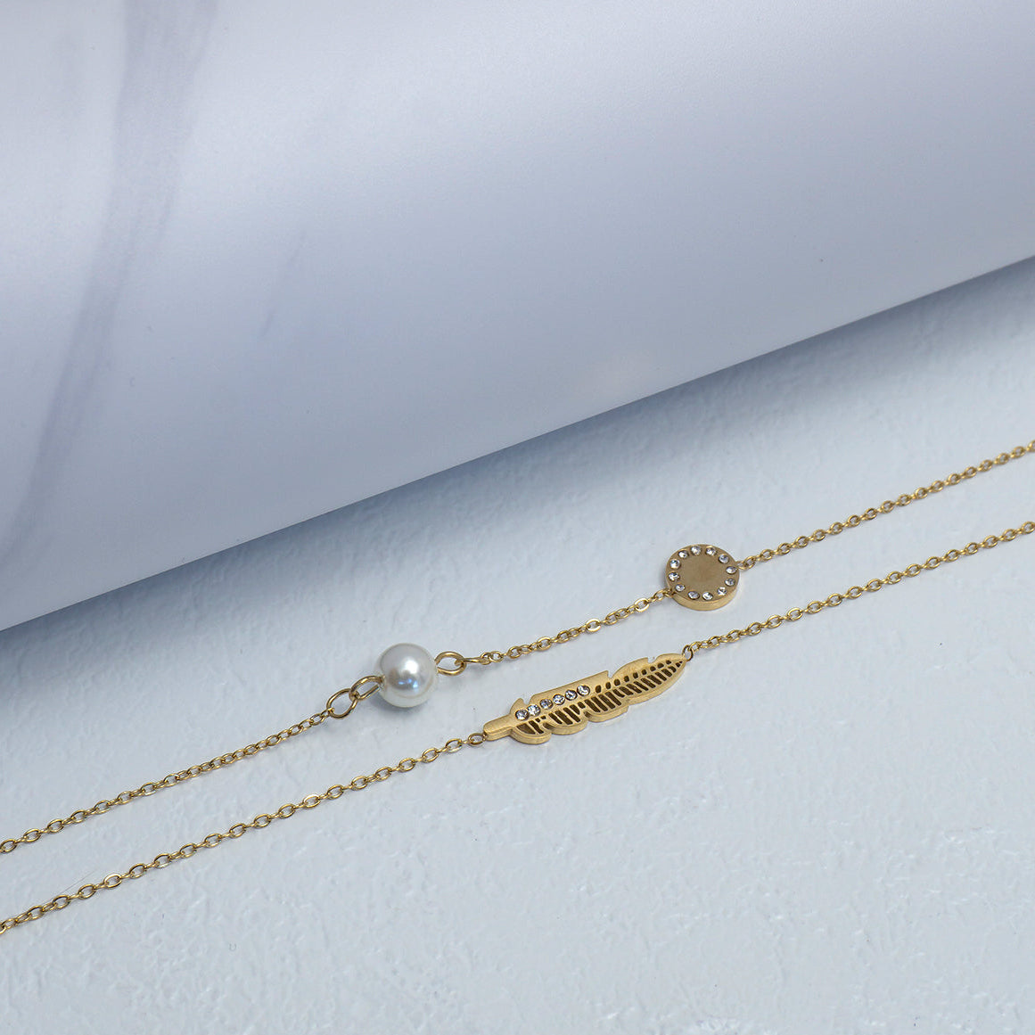 (20+3cm) Micro Paved CZ Double Layer Feather Shell Pearl Chain Anklet Bracelet Stainless Steel PVD Gold Plated Gelang Kaki Simple Hypoallergenic
